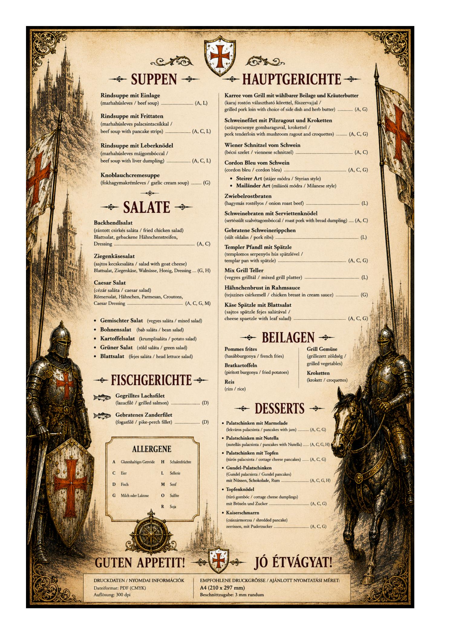 Speisekarte Suppen, Salate, Fischgerichte, Hauptgerichte, Beilagen und Desserts