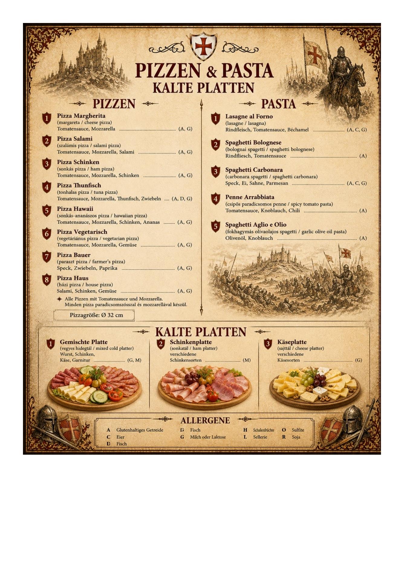 Speisekarte Pizzen, Pasta und kalte Platten